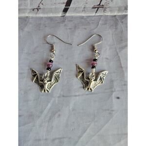 3D Halloween Bat Silver Tone Dangle Earrings Purple Beads Gothic Style